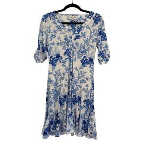 Hale Bob V-Neck Floral Mini Dress Womens Small White Blue Cottage Whimsy Fairy